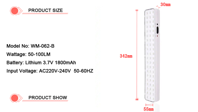 60PCS LED Chips Non-maintained 6500K Portable Rectangle Rechargeable Lithium Battery Emergency LED Camping Lights